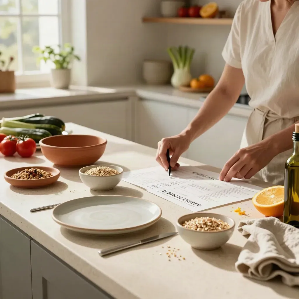 Cucina luminosa con piatti in ceramica, cereali, ortaggi, olio d'oliva e agrumi su banco in travertino.
