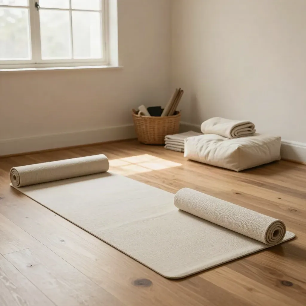 Sala yoga essenziale con tappetini arrotolati, bolster e cuscini zabuton in luce morbida.