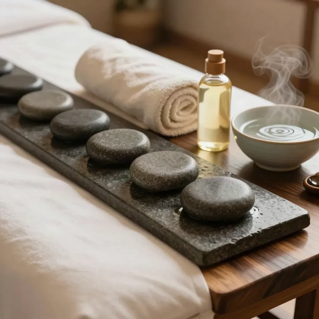 Letto spa con pietre calde, asciugamani arrotolati, olio e ciotola d’acqua fumante