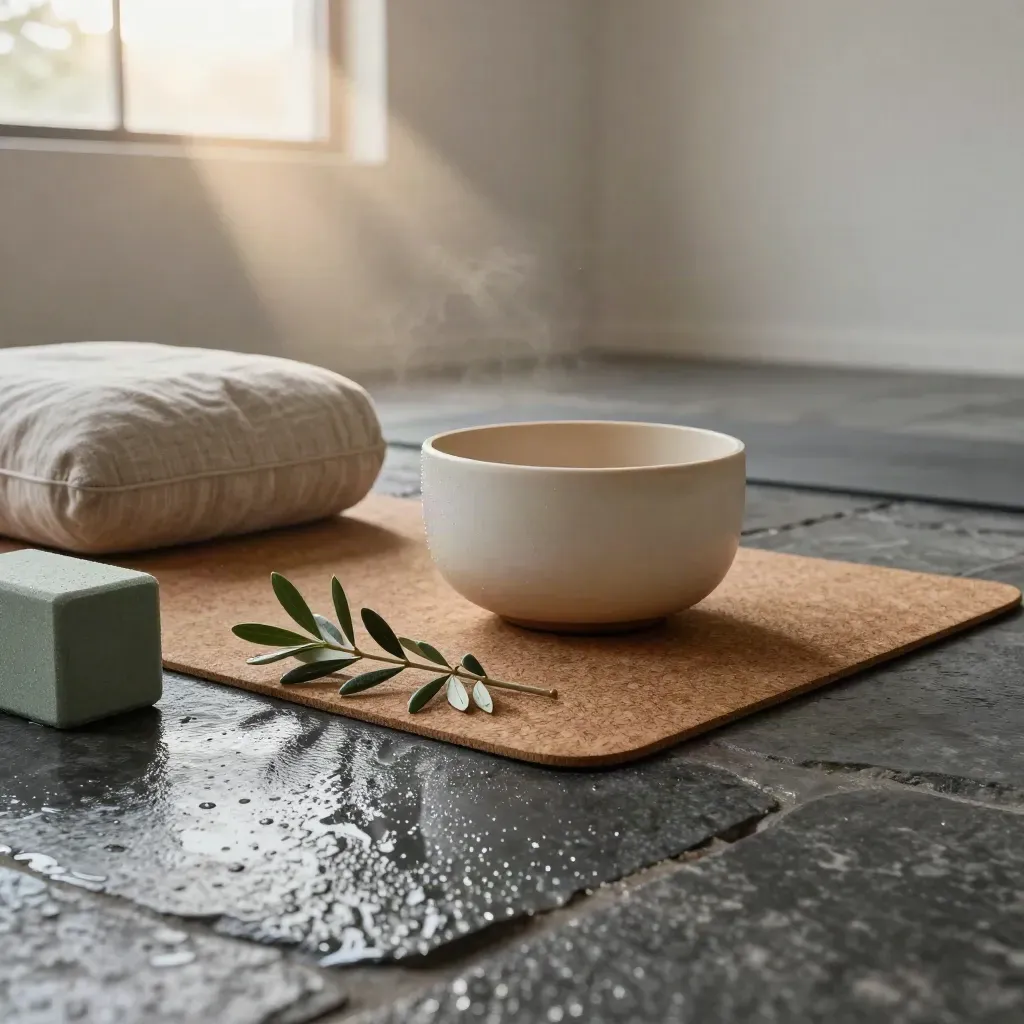 Studio yoga elegante con tappetini in sughero, ciotola sonora e ulivo su pietra bagnata
