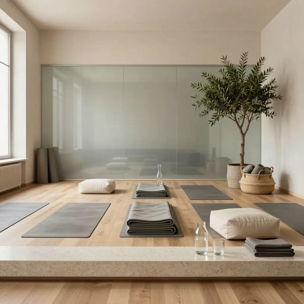 Sala riunioni trasformata in spazio wellbeing con tappetini, pouf, acqua in vetro e pianta alta.