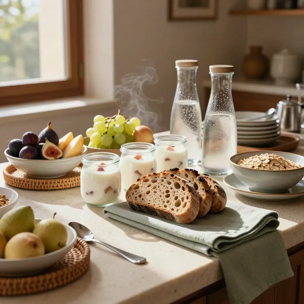 Buffet colazione sano in hotel toscano con frutta, pane integrale, yogurt e brocche d’acqua.