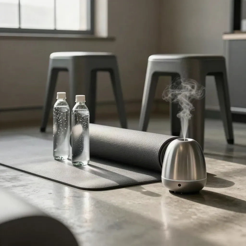Kit pausa in area industriale con tappetino, bottiglie d’acqua, sgabelli e diffusore su cemento.