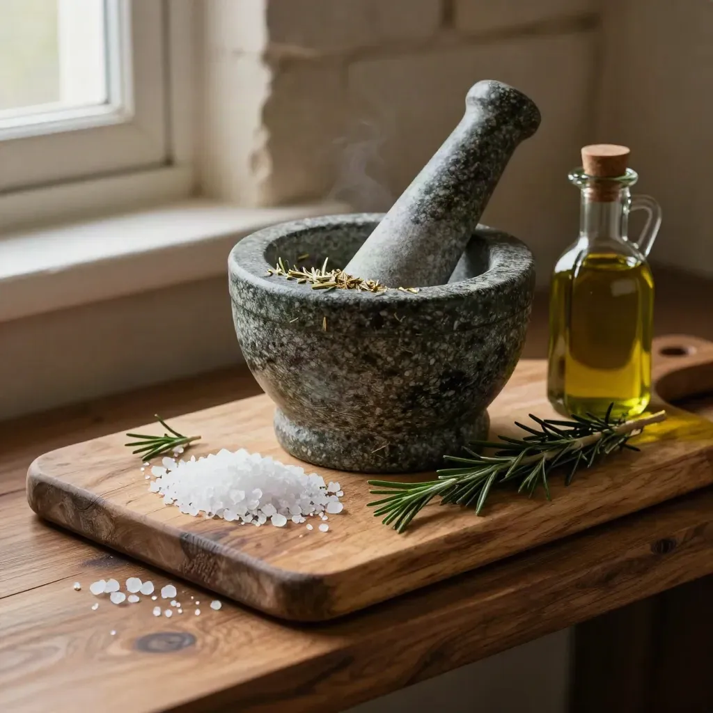 Mortaio in pietra, tagliere di legno, rosmarino e olio su banco rustico.