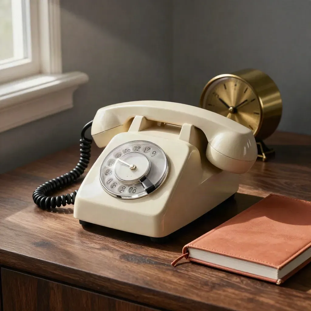 Telefono vintage, orologio da tavolo e quaderno terracotta su legno scuro.