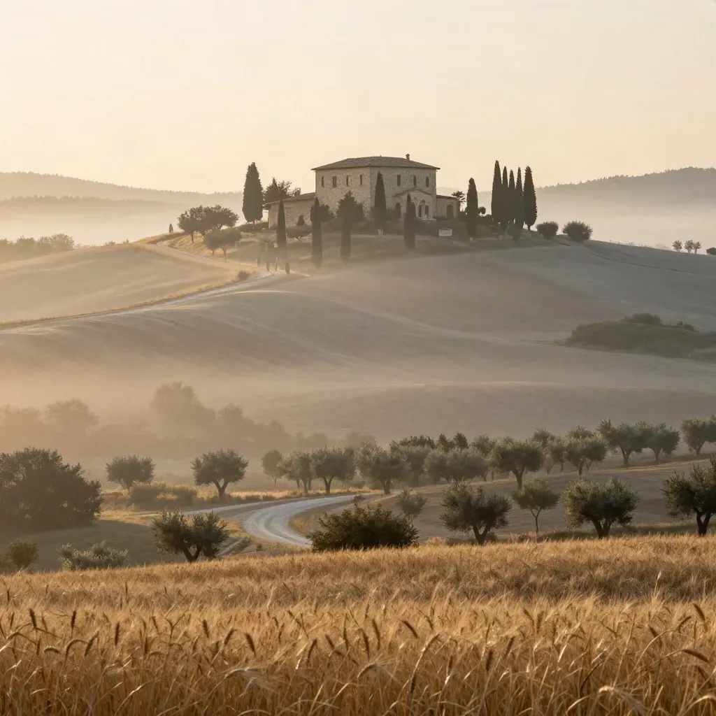Paesaggio toscano all’alba con cipressi, villa in collina e nebbia dorata sui campi