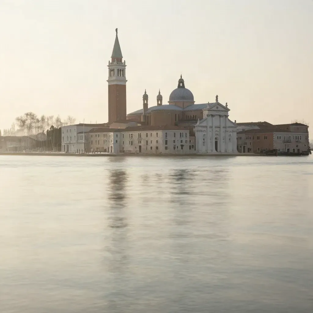 Laguna veneziana in marea bassa con campanile e basilica nella foschia